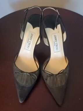 Jimmy Choo Black Pointed-Toe Slingback Pumps with Bow Detail